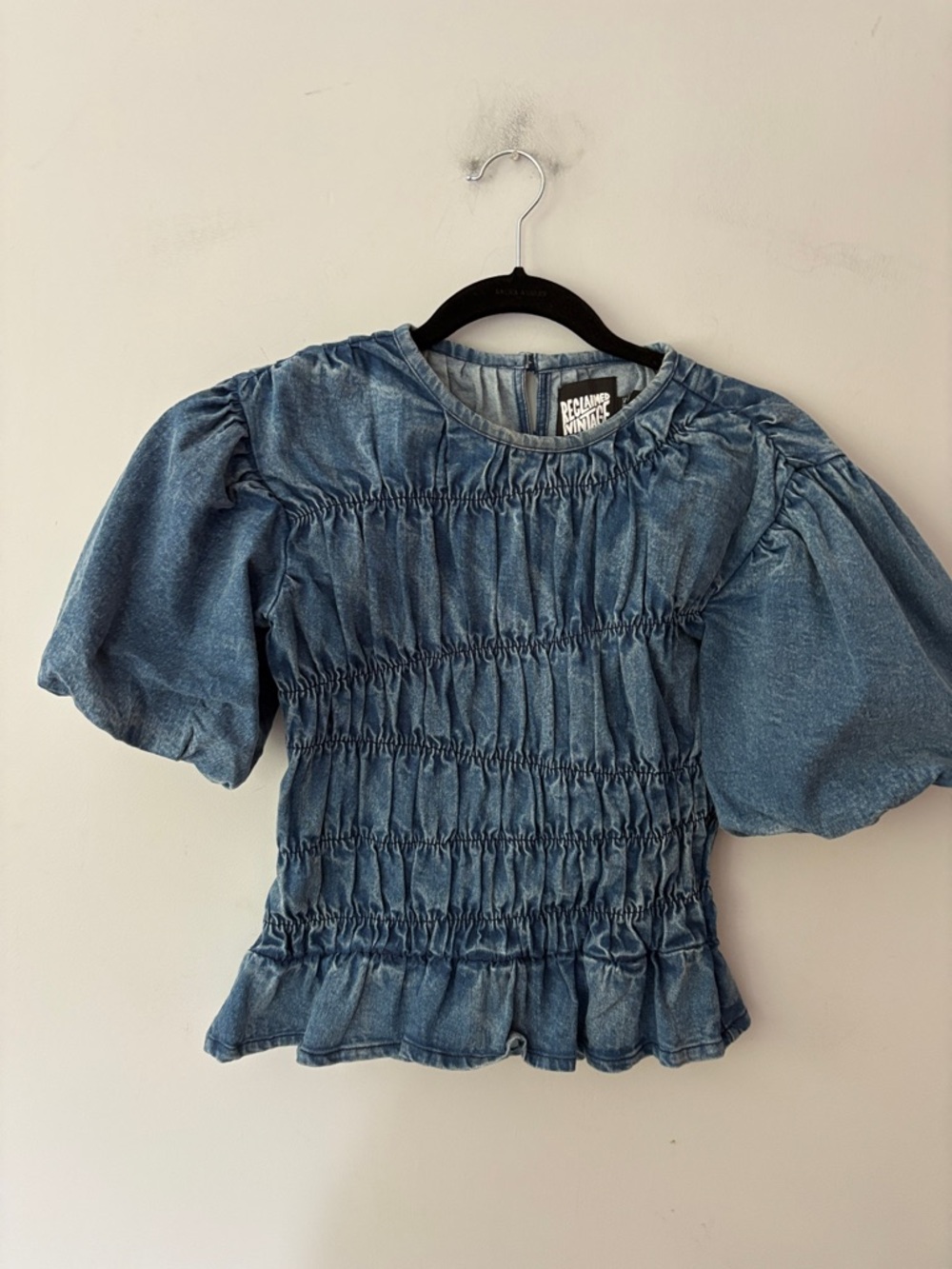 Reclaimed Vintage Blue Denim Puff-Sleeve Shirred Top - Picture 8 of 13